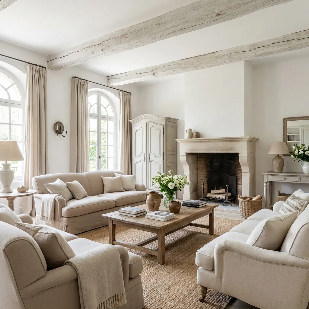 Salón estilo French Country luminoso y elegante